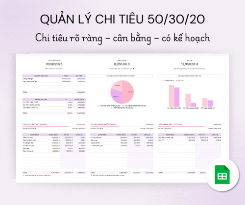 Quản lý chi tiêu 50/30/20 theo tháng - Phiên bản tím