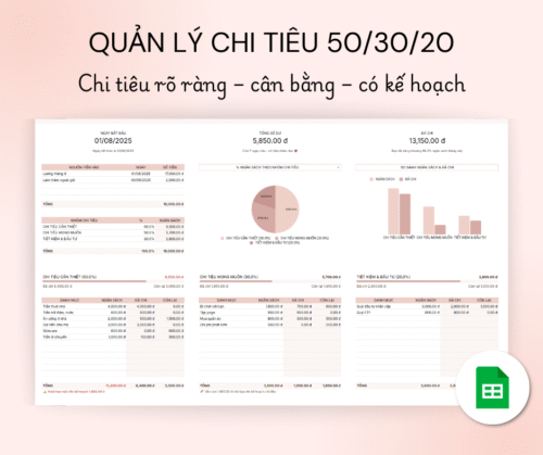 Quản lý chi tiêu 50/30/20 theo tháng - Phiên bản hồng